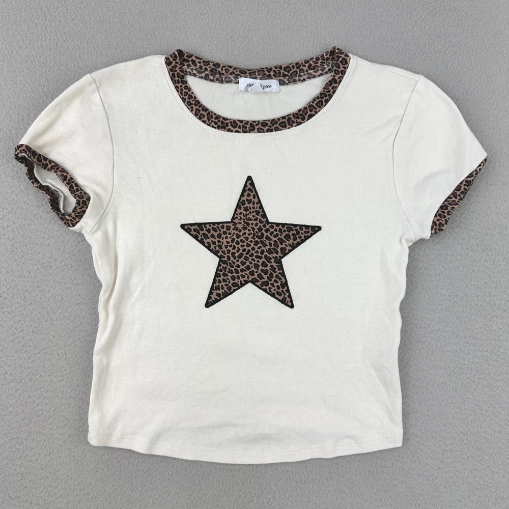 Stitch & Pine Cropped Shirt Womens M Leopard Print‎ Star Crewneck Short Sleeve